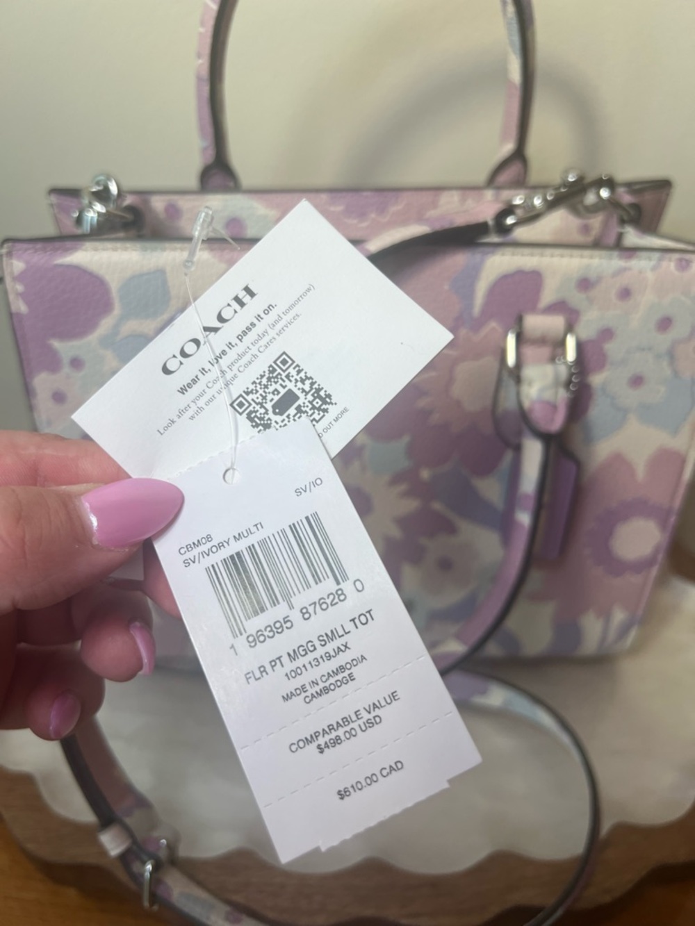 Coach Maggie Small Tote Floral Print Pebbled Leather Purple Ivory Crossbody EUC - Picture 15 of 16